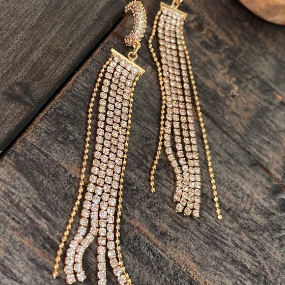 NEW Rhinestones & Gold Fringe Statement Earrings - Picture 10 of 14